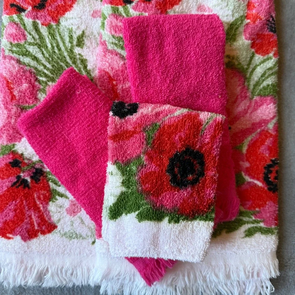 Vintage Dundee Cotton Towel Set Pink Red Poppy Floral Fringed Made in USA 5pc
